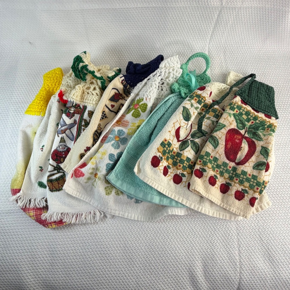Lot of 8 Vintage Style Crochet Top Hanging Kitchen Hand Towels Floral Christmas